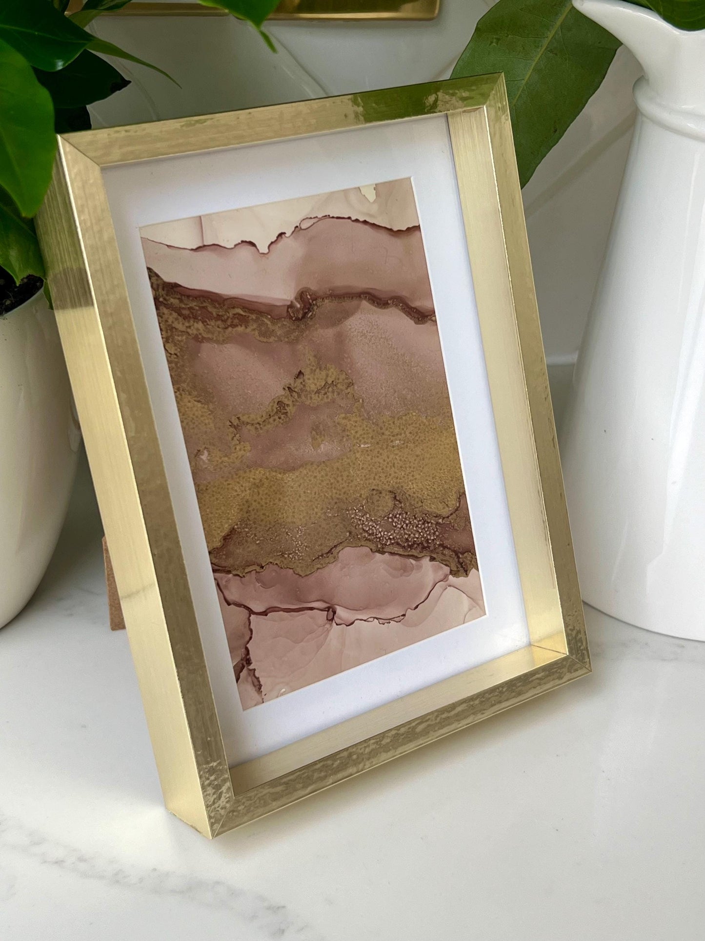 Sunlit Serenity: Soft Gold & Pink in Harmony Metallic Ink 7x5 inch Painting