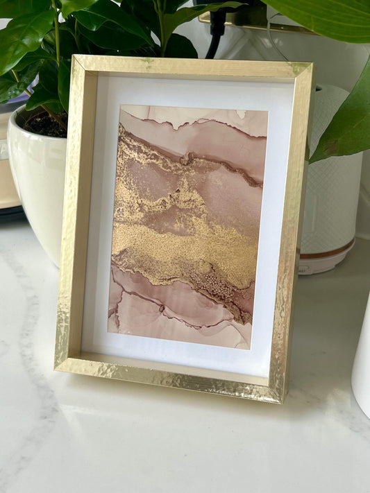 Sunlit Serenity: Soft Gold & Pink in Harmony Metallic Ink 7x5 inch Painting