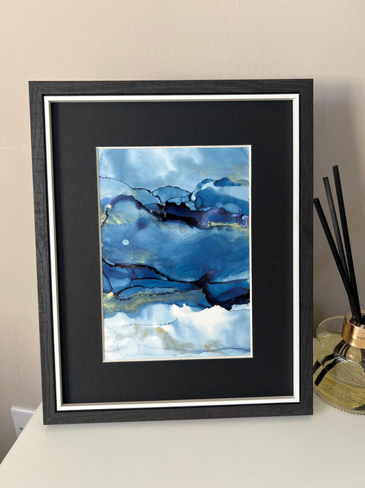 Shimmering Gold: Contemporary Blue & Metallic Ink A5 Painting