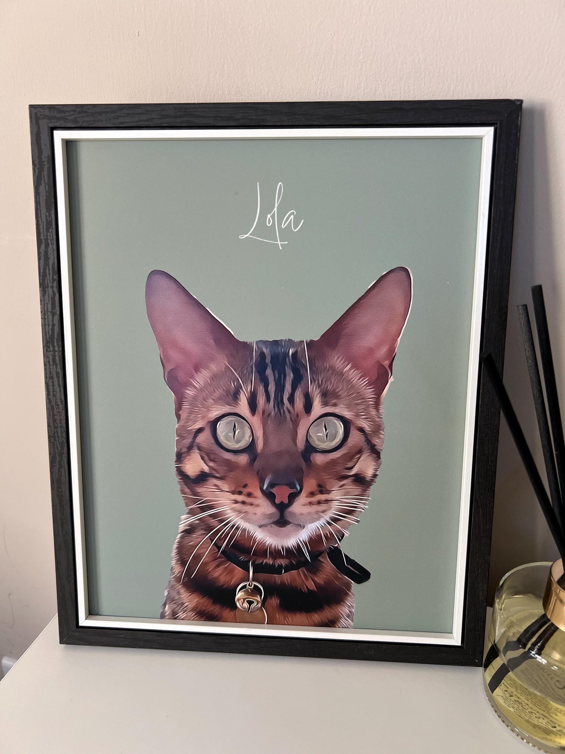 A custom digital pet portrait of a Bengal cat named Lola, displayed in a black frame with a green background.