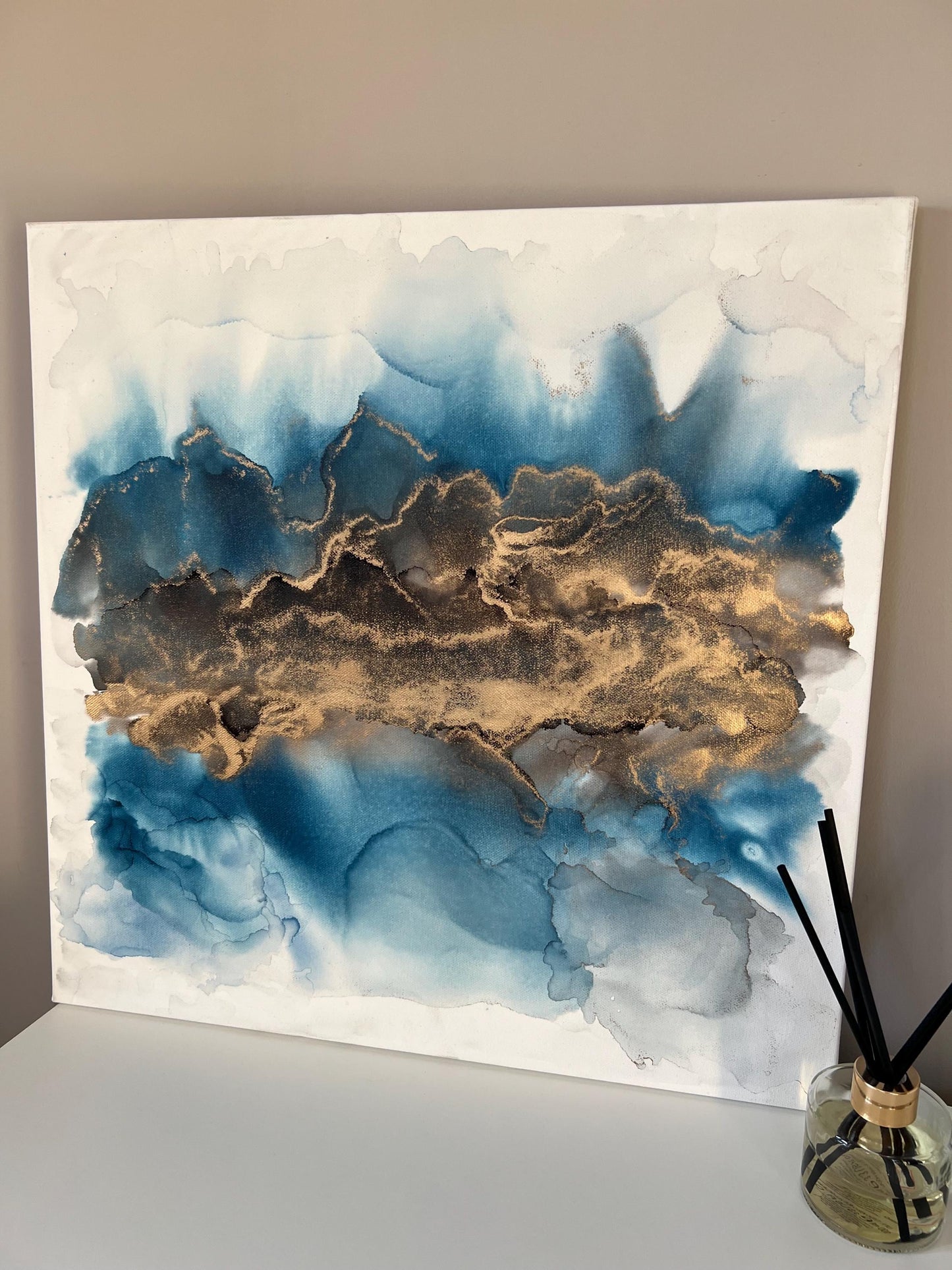 Golden Echoes: Fluid Motion in Blue & Gold Ink Large 50cm Canvas