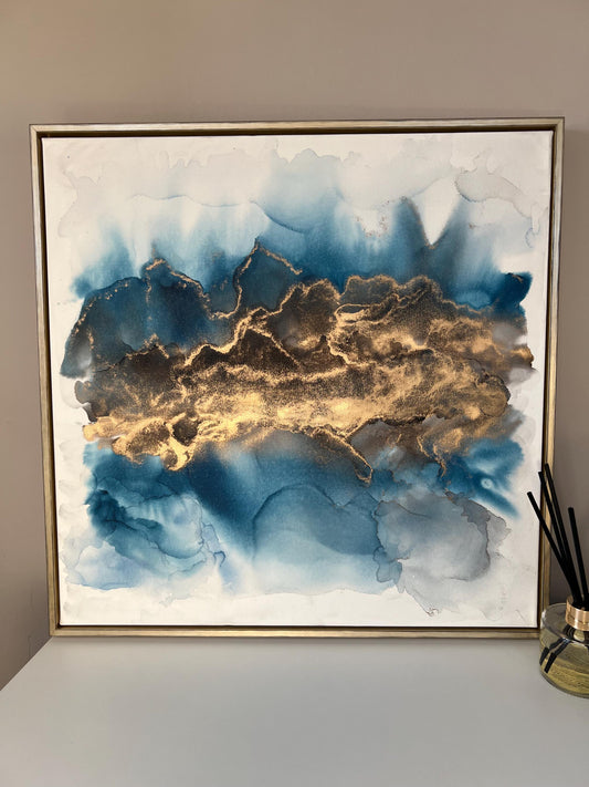 Golden Echoes: Fluid Motion in Blue & Gold Ink Large 50cm Canvas