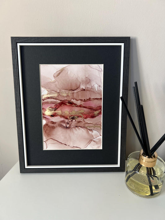 Flame & Luxe: Bold Pink and Gold Metallic Ink Art A5 Painting