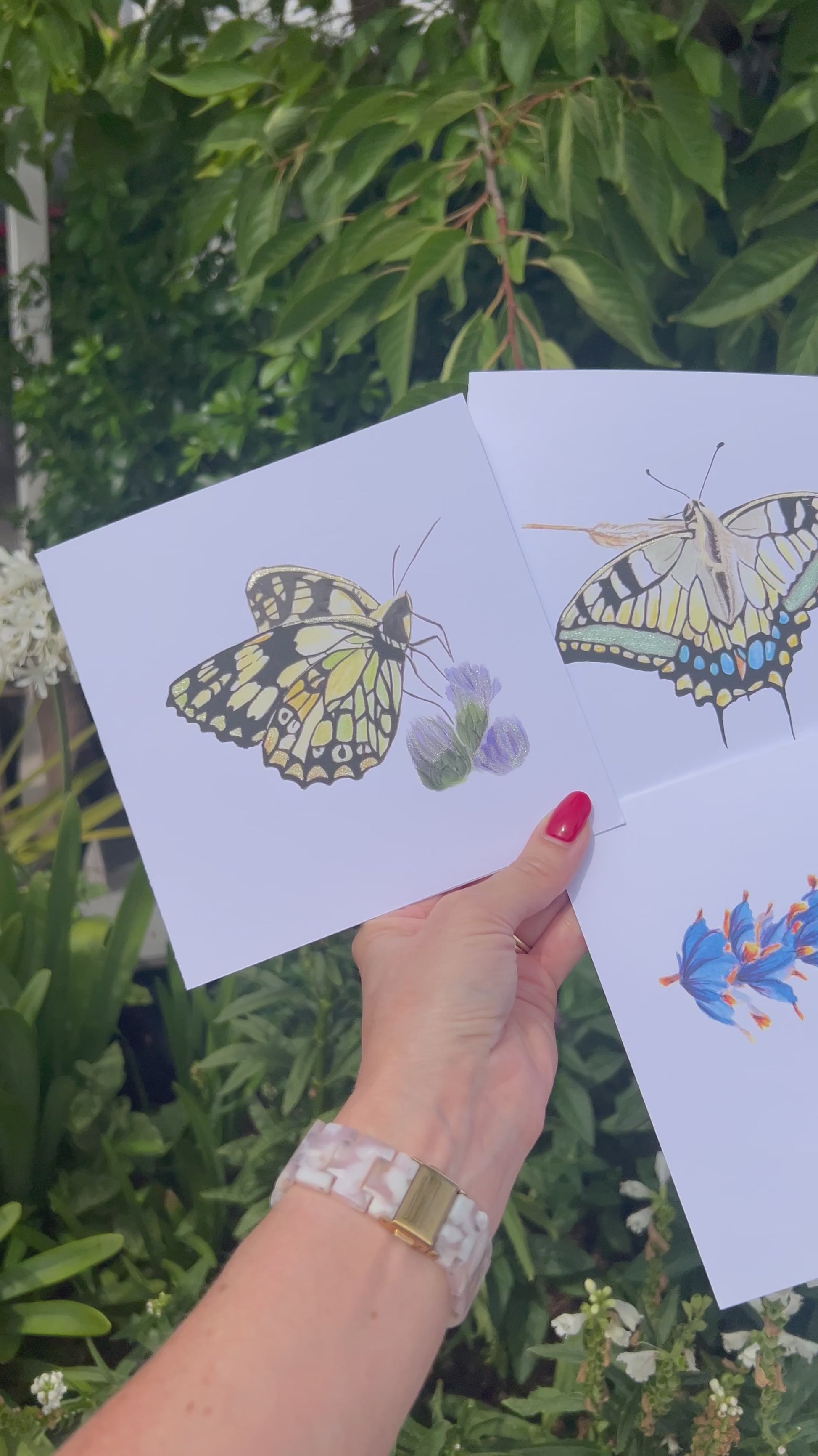 Video of Three cards with butterfly illustrations of a Marbled White, Monarch and Swallowtail all with gold and green glitter metallic accents in front of a nature background. 