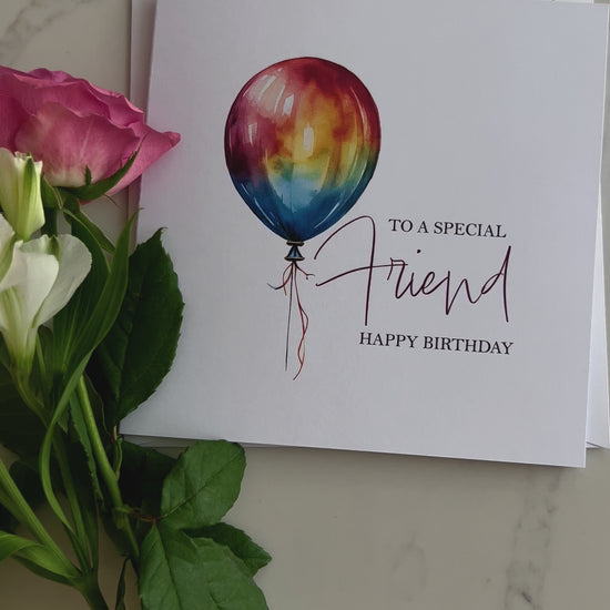 Video of Personalised Colourful balloon with 'Happy Birthday' Friend text on a white background