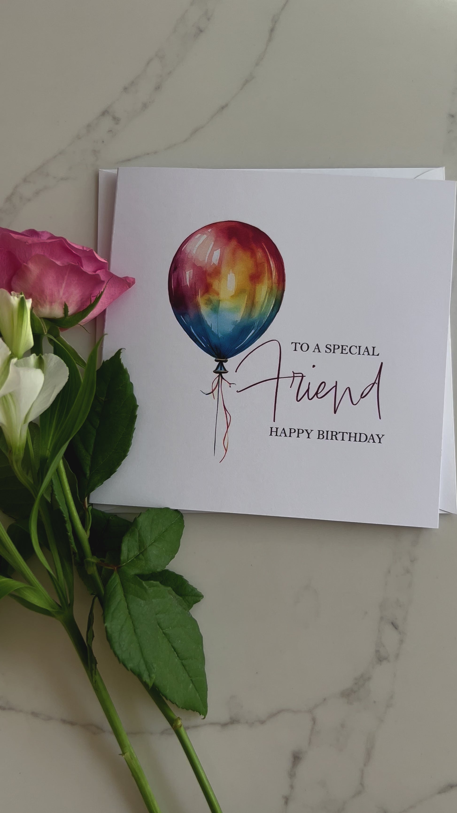 Video of Personalised Colourful balloon with 'Happy Birthday' Friend text on a white background